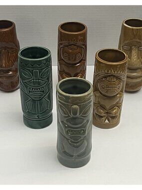 Set of 6 Ceramic Tiki Mugs Cocktail Glasses Vintage Hawaiian Bar Party Cups